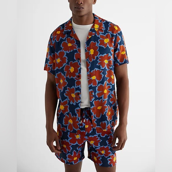 Express Men’s Graphic Floral Button Down Short Sleeve Shirt - Picture 1 of 6
